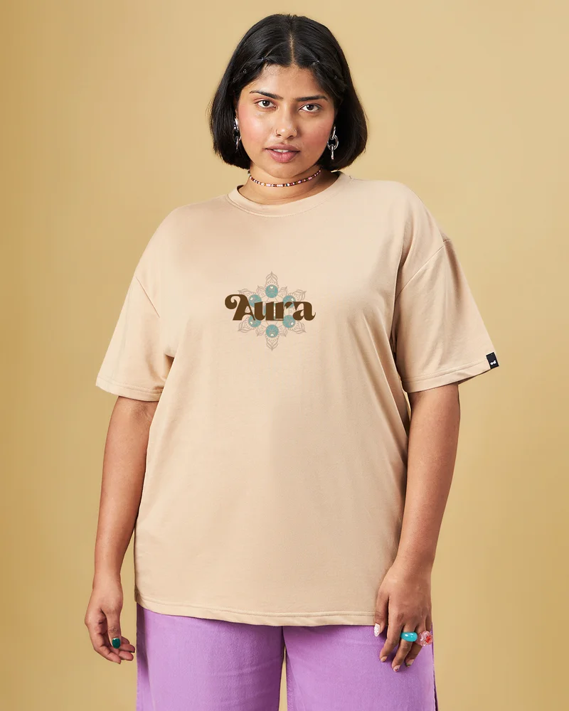 bewakoof Women's Ginger Root Brown Traveller Graphic Printed Oversized Plus Size T-shirt