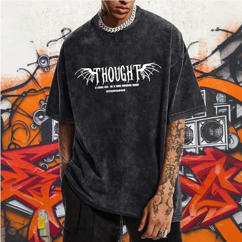 Lubpow Mens Acid Wash Tshirt Oversized Vintage Graphic T-Shirts Cool Grunge Rose Floral Shirt Trendy Y2K Streetwear Tee Tops(Black,XL) - Image 2