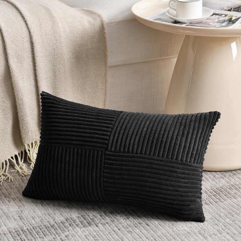 Fancy Homi Black Lumbar Decorative Throw Pillow Covers 12x20 Inch for Living Room Couch Bed Sofa Rustic Farmhouse Boho Home Decor Soft Striped Corduroy Rectangle Accent Cushion Case 30x50 cm