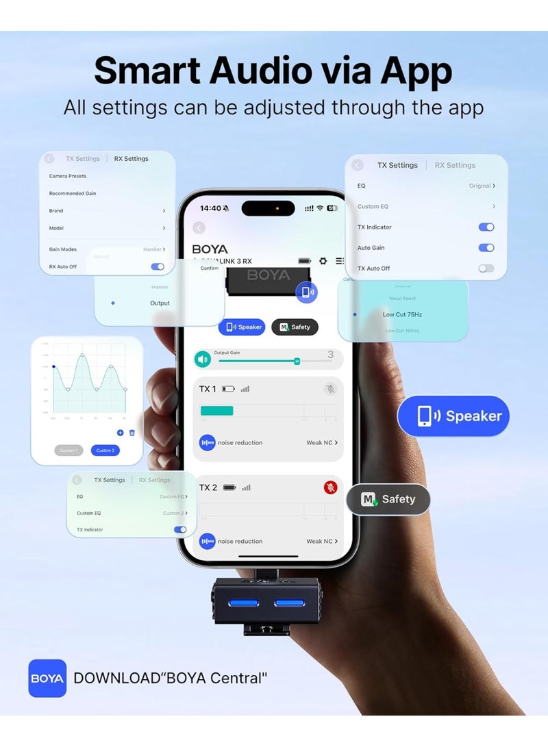 BOYALINK 3 Wireless Lavalier Microphone for iPhone/Android/Camera/PC/Tablets,AI Noise Cancellation, 48kHz/24Bit Studio Sound,APP Control, 984ft 6h Battery for Vlogging Interview(No Charging Case) - Image 4