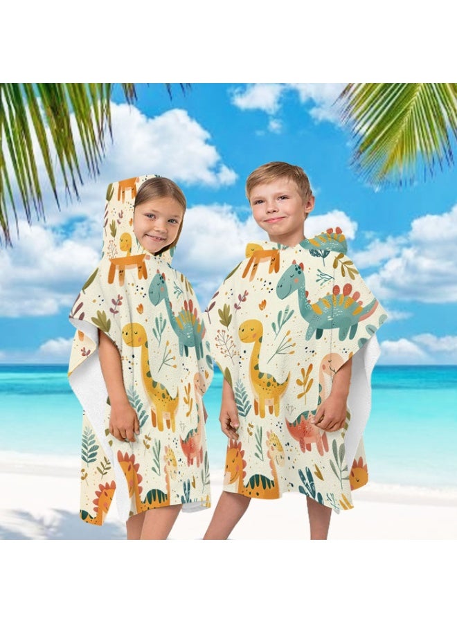 Cream Beige Base Full Printed Macaron Hand Drawn Multi Cartoon Dinosaur Green Plant Heart Speckle Unisex Kids Hooded Quick Dry Poncho Towel, Polyester Soft Water Absorbent Loose Windproof Bath Wrap for All Kids, Ideal for Beach, Swimming Pool, Hot Spring & Daily Shower - Image 4