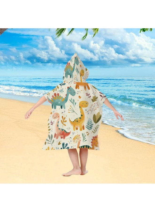 Cream Beige Base Full Printed Macaron Hand Drawn Multi Cartoon Dinosaur Green Plant Heart Speckle Unisex Kids Hooded Quick Dry Poncho Towel, Polyester Soft Water Absorbent Loose Windproof Bath Wrap for All Kids, Ideal for Beach, Swimming Pool, Hot Spring & Daily Shower - Image 3