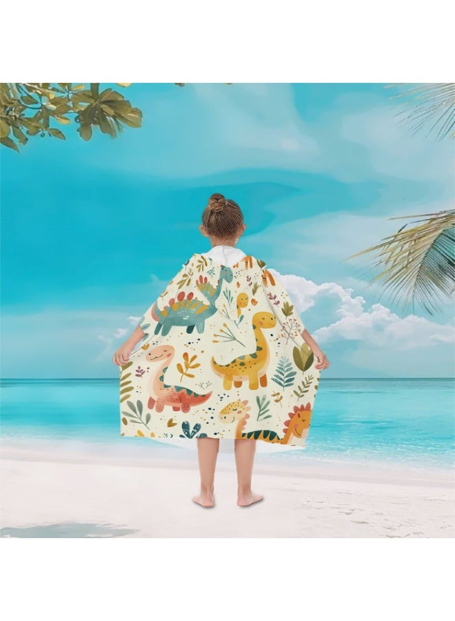 Cream Beige Base Full Printed Macaron Hand Drawn Multi Cartoon Dinosaur Green Plant Heart Speckle Unisex Kids Hooded Quick Dry Poncho Towel, Polyester Soft Water Absorbent Loose Windproof Bath Wrap for All Kids, Ideal for Beach, Swimming Pool, Hot Spring & Daily Shower - Image 5