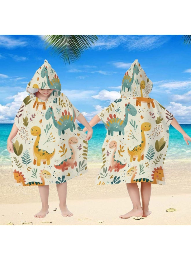 Cream Beige Base Full Printed Macaron Hand Drawn Multi Cartoon Dinosaur Green Plant Heart Speckle Unisex Kids Hooded Quick Dry Poncho Towel, Polyester Soft Water Absorbent Loose Windproof Bath Wrap for All Kids, Ideal for Beach, Swimming Pool, Hot Spring & Daily Shower - Image 1