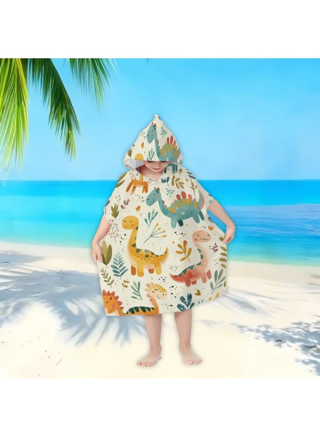 Cream Beige Base Full Printed Macaron Hand Drawn Multi Cartoon Dinosaur Green Plant Heart Speckle Unisex Kids Hooded Quick Dry Poncho Towel, Polyester Soft Water Absorbent Loose Windproof Bath Wrap for All Kids, Ideal for Beach, Swimming Pool, Hot Spring & Daily Shower - Image 2