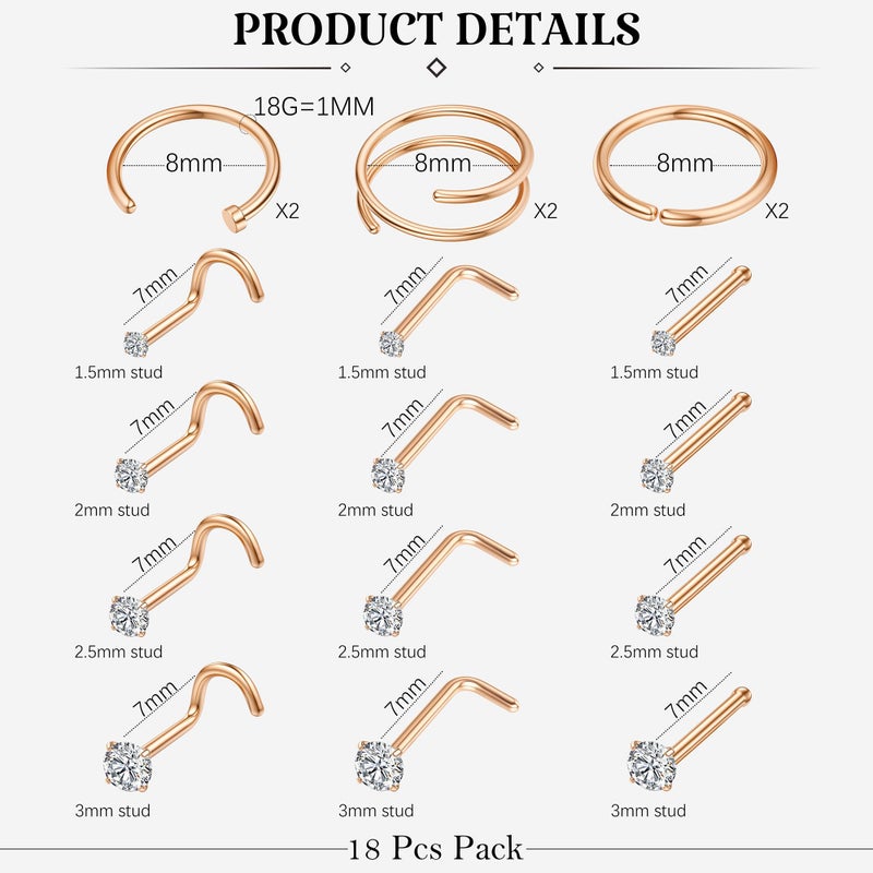 LOYALLOOK 18Pcs Nose Rings Studs 316L Surgical Steel Double Hoop Nose Ring for Women Men 18G Nose Rings Stud Hypoallergenic Nose/Body Piercing Jewelry 1.5mm 2mm 2.5mm 3mm CZ - Image 4