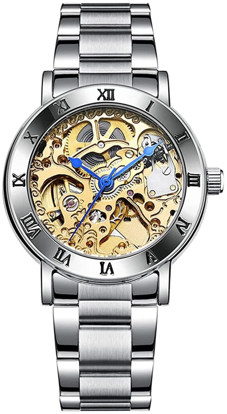 MASTOP Womens Watches Automatic Steampunk Self Winding Mechanical Silver Bracelet Ladies Skeleton Wrist Watch Gold - Image 2