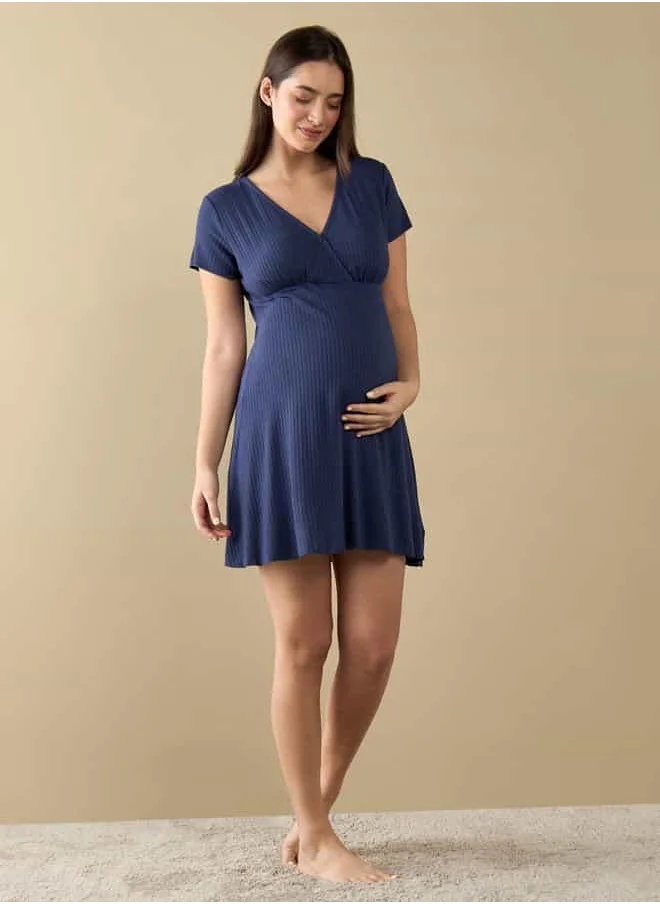 FAV Ribbed Nursing V-neck Sleepshirt with Short Sleeves