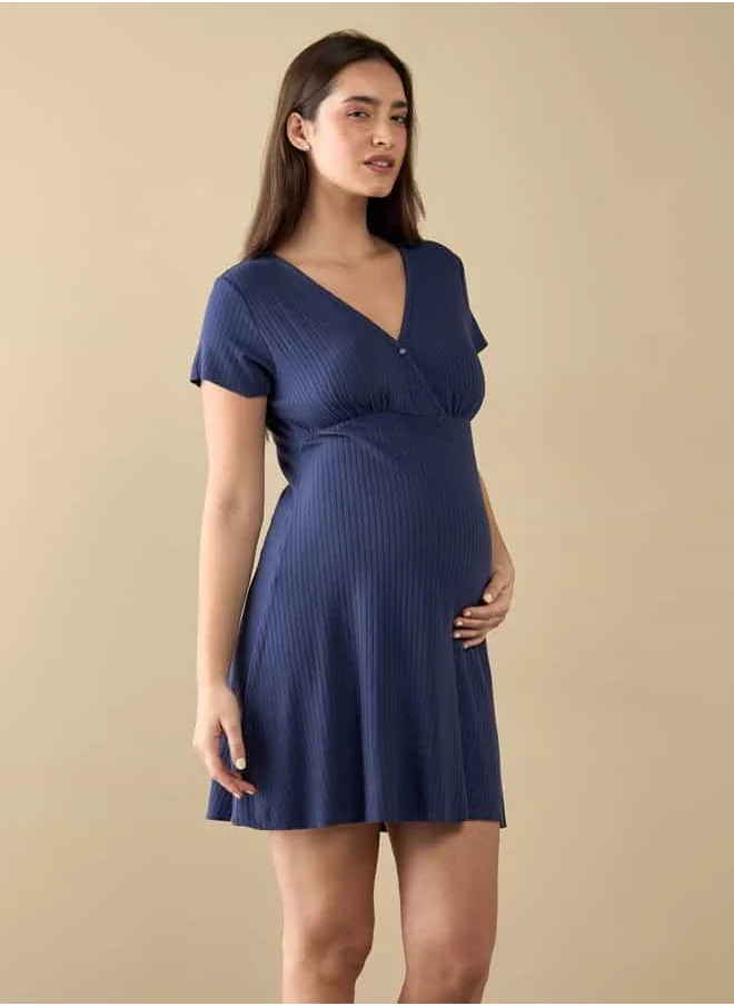 FAV Ribbed Nursing V-neck Sleepshirt with Short Sleeves