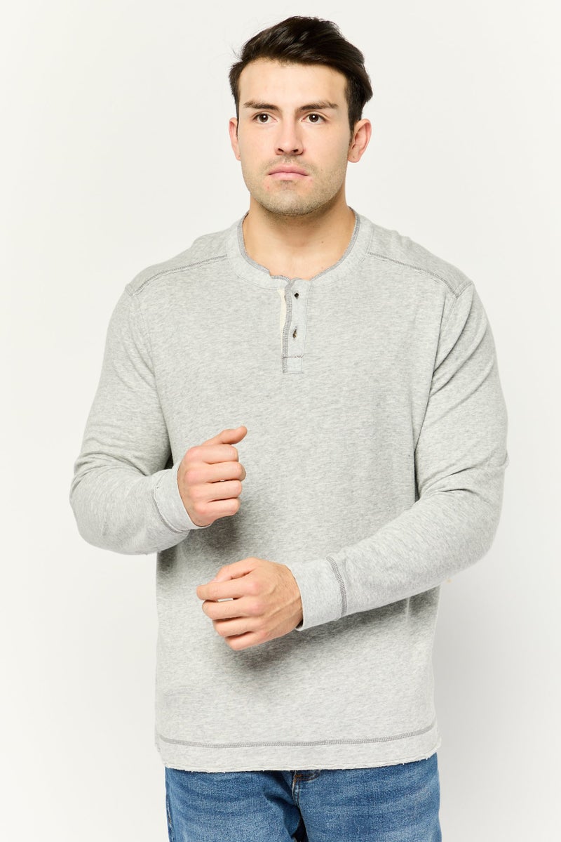 TRUE GRIT Men Henley Neck Long Sleeve Heather T-Shirts, Light Grey - Image 1