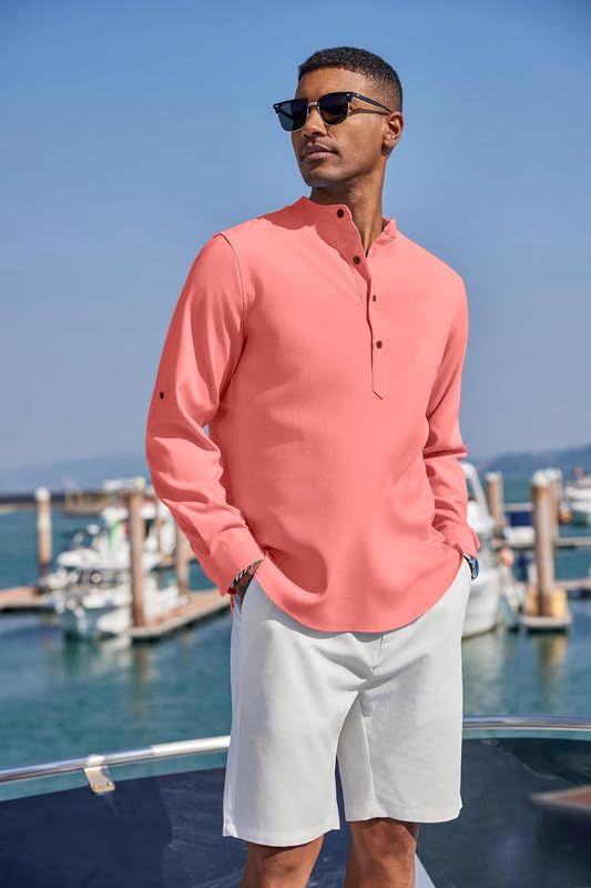 Macsivo Men's Cotton Blend Solid Short Kurta with Mandarin Collared Full Sleeve Drawstring Stylish Straight Length | Kurta for Man Peach - Image 4