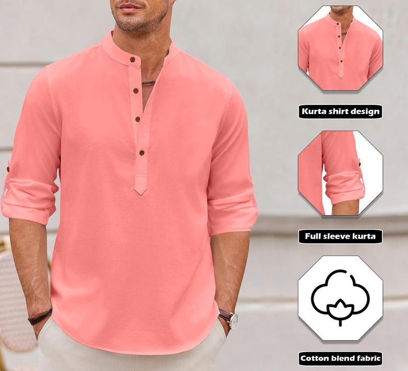 Macsivo Men's Cotton Blend Solid Short Kurta with Mandarin Collared Full Sleeve Drawstring Stylish Straight Length | Kurta for Man Peach - Image 3