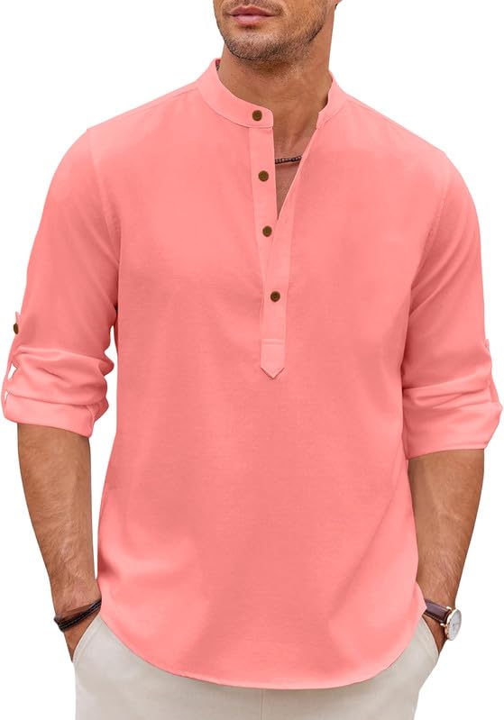 Macsivo Men's Cotton Blend Solid Short Kurta with Mandarin Collared Full Sleeve Drawstring Stylish Straight Length | Kurta for Man Peach - Image 1