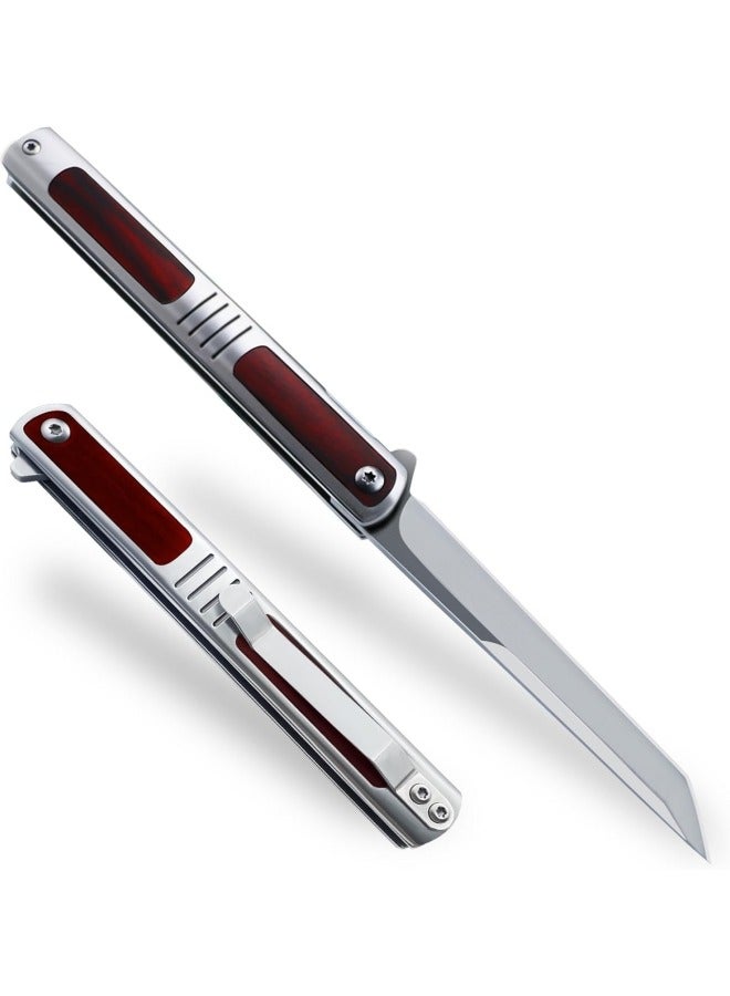 Pocket Knife for Men, 3.5 inch Folding Knife with Pocket Clip,Rosewood Handle Tanto Knife, Great Gift For Men and Women - Image 1