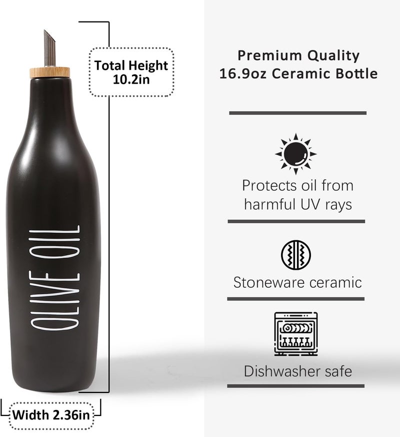 HOMCDALY Olive Oil and Vinegar Dispenser Set, Ceramic Oil and Vinegar Bottles with Bamboo Tray, 16.9oz Kitchen Cruet - Set of 2 - Black - Image 3