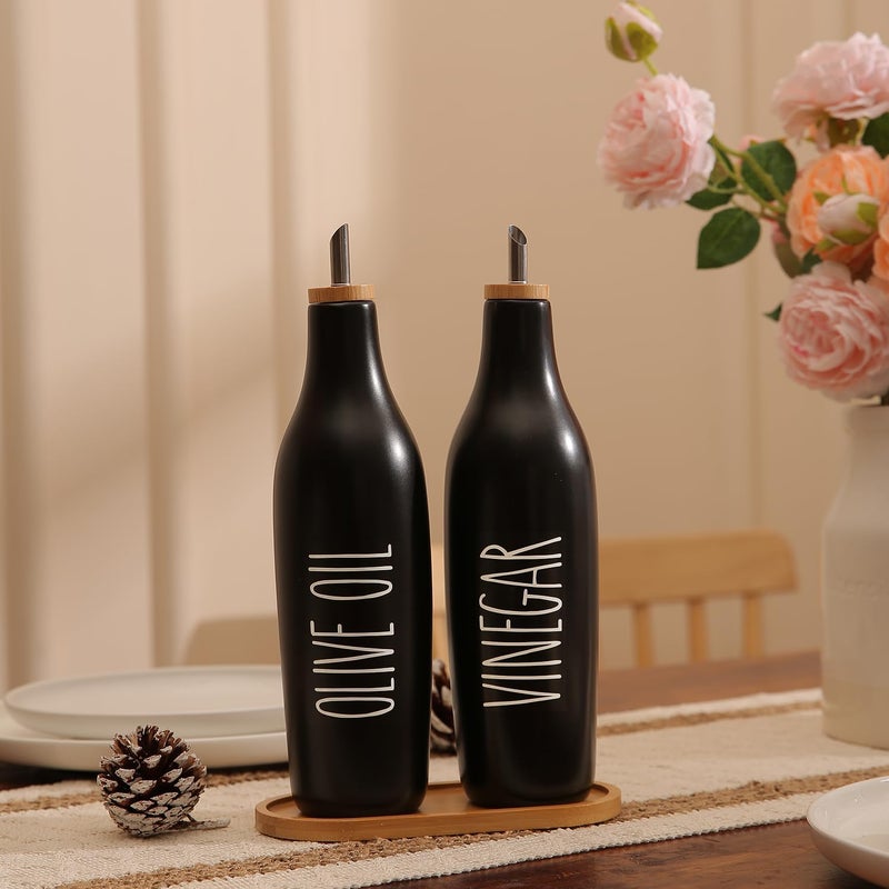 HOMCDALY Olive Oil and Vinegar Dispenser Set, Ceramic Oil and Vinegar Bottles with Bamboo Tray, 16.9oz Kitchen Cruet - Set of 2 - Black - Image 5