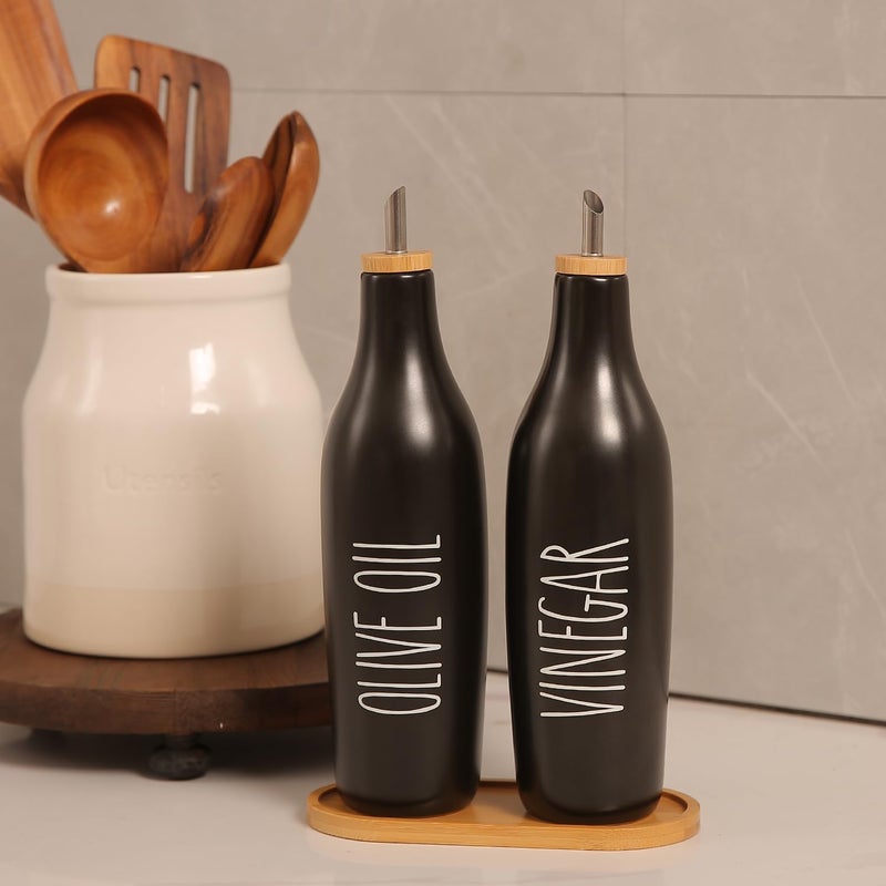 HOMCDALY Olive Oil and Vinegar Dispenser Set, Ceramic Oil and Vinegar Bottles with Bamboo Tray, 16.9oz Kitchen Cruet - Set of 2 - Black - Image 2
