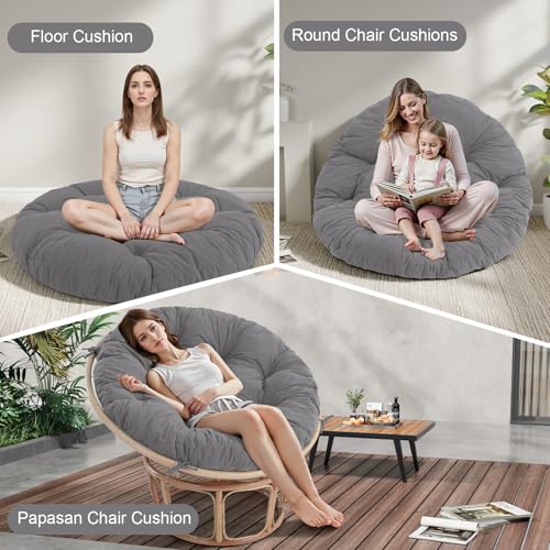 idee-home Papasan Chair Cushion, Circle Papasan Chair Cushion(Cushion Only) with Thick Corduroy Cover, 48 x 48 Inch Cushion for Egg Chair, Light Grey - Image 5