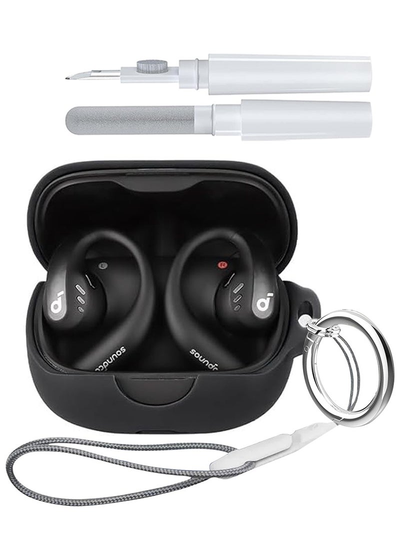 for Anker Soundcore AeroFit Pro Case, Soft Silicone Cover, with Carabiner Lanyard Cleaning Kit, Black - Image 1