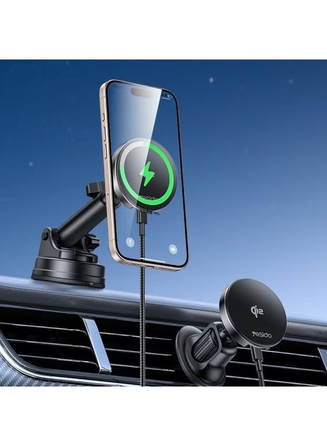 Yesido DS30 15W Wireless Magnetic Fast Charger – Qi 2.0 Certified Dual-Use Charging Stand & Car Mount – Fast Charging Pad with Strong Magnet & Adjustable Angle – Compatible with Qi-Enabled Devices – Type-C Cable Included for Car & Desk Use - Image 5