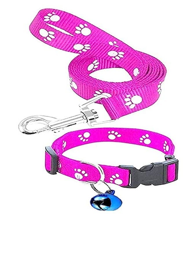 Pups&Pets طقم طوق ومقود بتصميم طبعة مخلب قابل للتعديل من النايلون مقاس 10 مم مع جرس للكلاب والقطط - (وردي) - Image 1