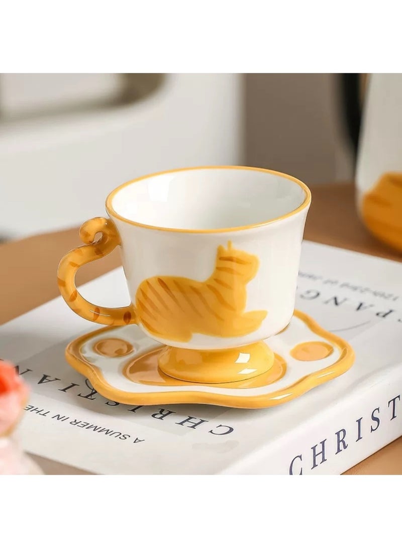 طقم فناجين شاي وصحن سيراميك على شكل قطة برتقالية - كوب شاي أو قهوة بعد الظهر مع طبق، هدية لمحبي القطط، مثالي لأعياد الميلاد أو التذكار - Image 3