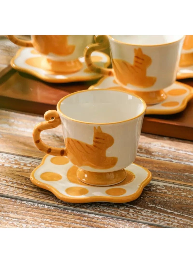 طقم فناجين شاي وصحن سيراميك على شكل قطة برتقالية - كوب شاي أو قهوة بعد الظهر مع طبق، هدية لمحبي القطط، مثالي لأعياد الميلاد أو التذكار - Image 2