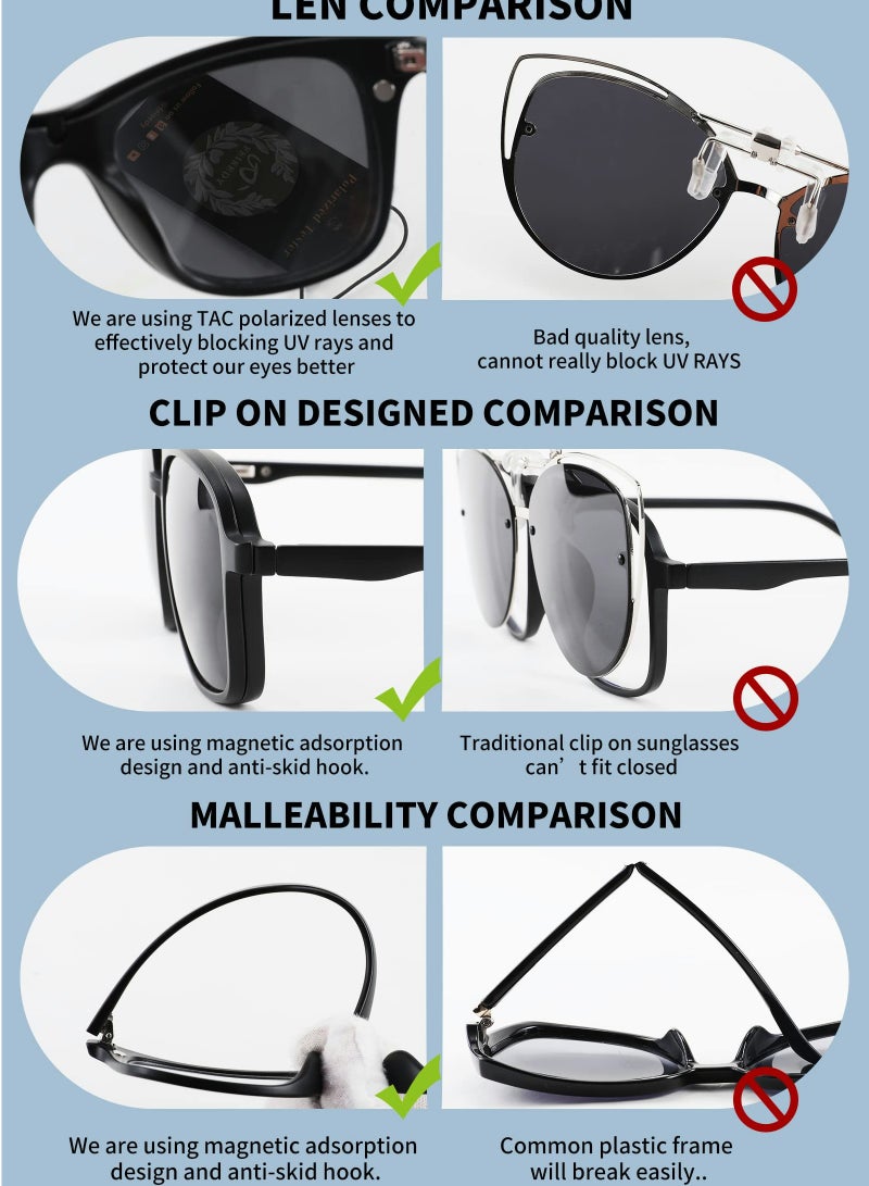 KASTWAVE Magnetic Clip on Sunglasses TR90 Square Glasses Frame TAC 5pcs Replacement Lens Set Sunglasses for Men Women - Image 3