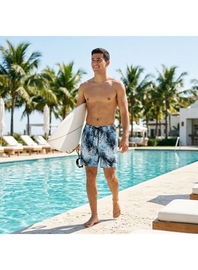 IceZone Men's Quick Dry Swim Trunks - Sky Palm Blue Tropical Print Beach Shorts with Drawstring & Mesh Lining - Image 1