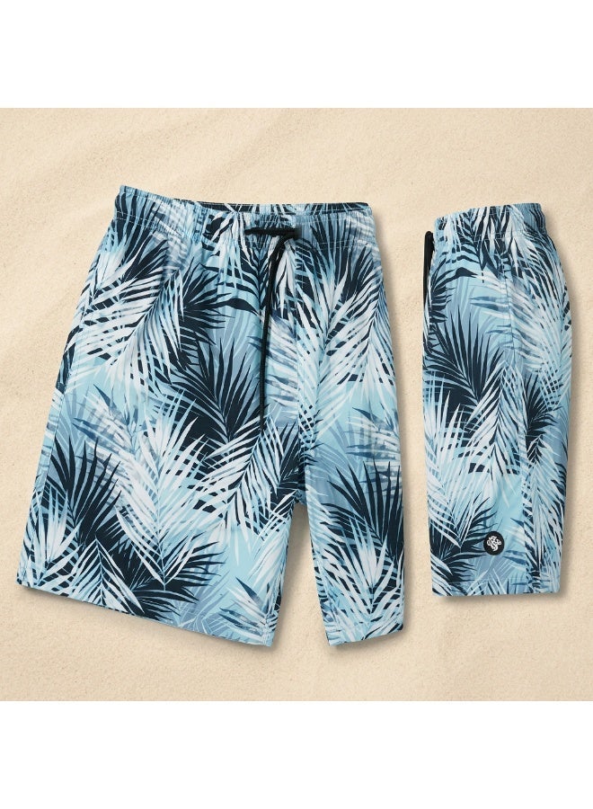 IceZone Men's Quick Dry Swim Trunks - Sky Palm Blue Tropical Print Beach Shorts with Drawstring & Mesh Lining - Image 3