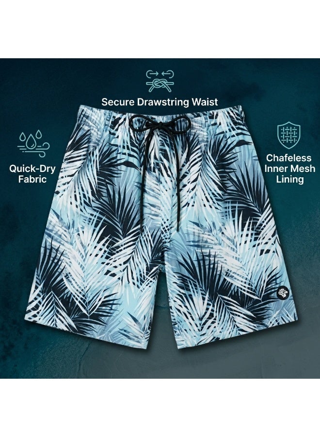 IceZone Men's Quick Dry Swim Trunks - Sky Palm Blue Tropical Print Beach Shorts with Drawstring & Mesh Lining - Image 2