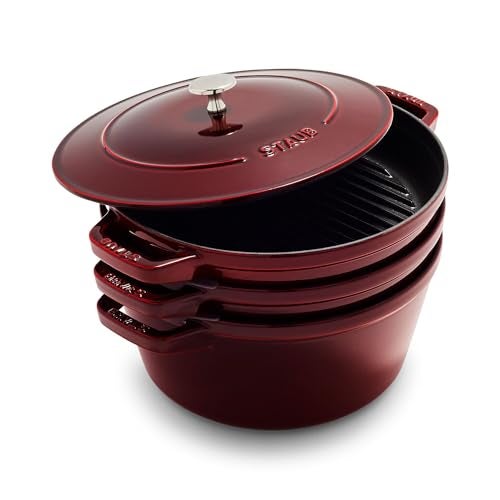 STAUB مجموعة ستوب من الحديد الزهر 4 قطع، مجموعة أواني طهي قابلة للتكديس وتوفير المساحة، وعاء هولندي مع غطاء عالمي، صنع في فرنسا، جرانادين - Image 1