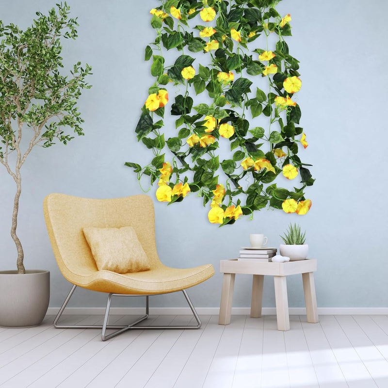 AirSun Artificial Morning Glory Flower Vines, 2pcs 15Feet Hanging Plants Silk Garland Fake Green Plant Home Garden Wall Fence Indoor Outdoor Wedding Birthday Decor (Yellow) - Image 3