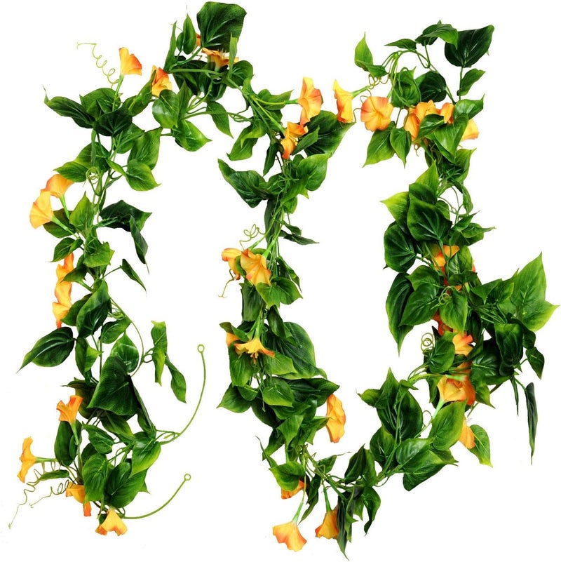 AirSun Artificial Morning Glory Flower Vines, 2pcs 15Feet Hanging Plants Silk Garland Fake Green Plant Home Garden Wall Fence Indoor Outdoor Wedding Birthday Decor (Yellow) - Image 1