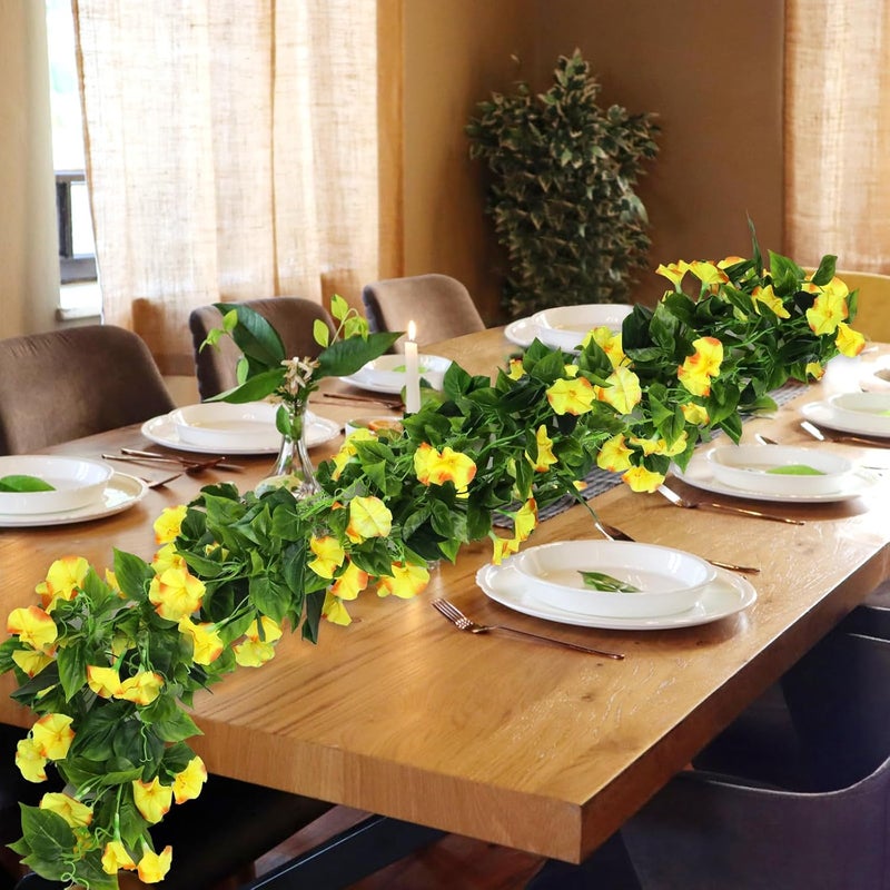 AirSun Artificial Morning Glory Flower Vines, 2pcs 15Feet Hanging Plants Silk Garland Fake Green Plant Home Garden Wall Fence Indoor Outdoor Wedding Birthday Decor (Yellow) - Image 4