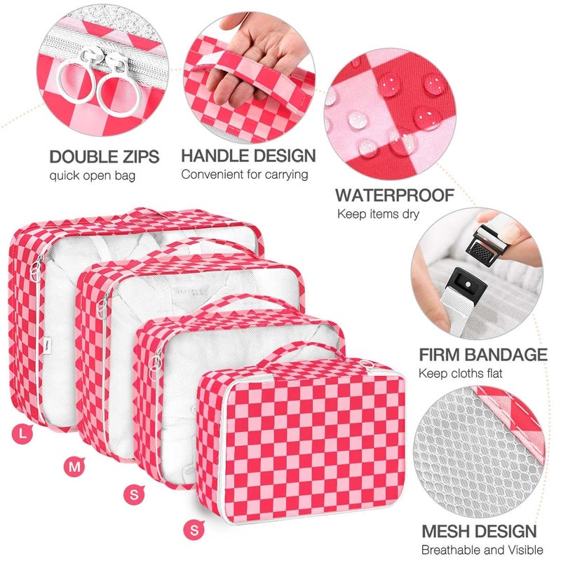 Hatisan 8 Set Packing Cubes for Suitcases,Packing Cube with Shoe,Cosmetics,Clothing, and Accessories Bags Packing Cubes for Travel Luggage Organizer Women Men(Rose Checkered) - Image 3