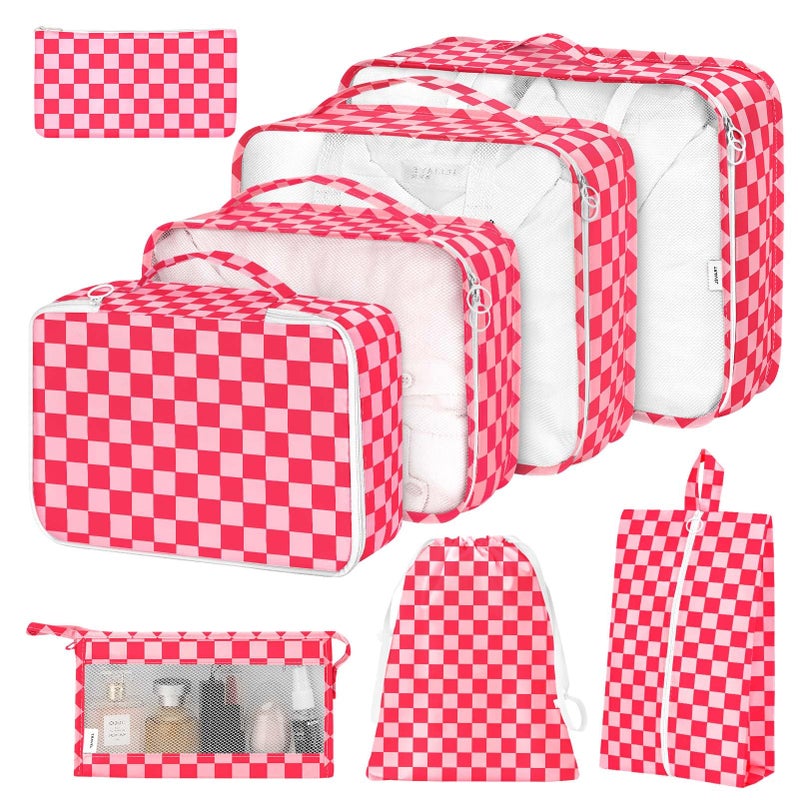 Hatisan 8 Set Packing Cubes for Suitcases,Packing Cube with Shoe,Cosmetics,Clothing, and Accessories Bags Packing Cubes for Travel Luggage Organizer Women Men(Rose Checkered) - Image 1
