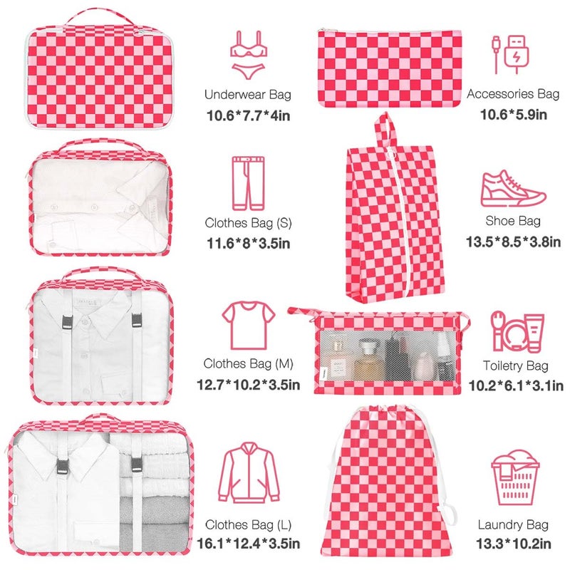Hatisan 8 Set Packing Cubes for Suitcases,Packing Cube with Shoe,Cosmetics,Clothing, and Accessories Bags Packing Cubes for Travel Luggage Organizer Women Men(Rose Checkered) - Image 2