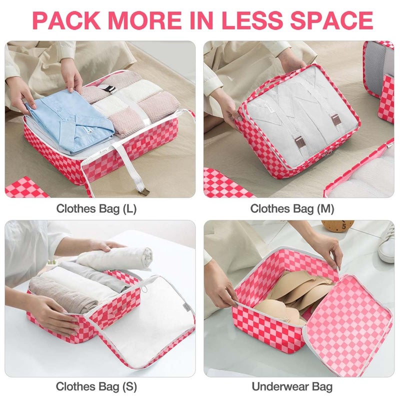 Hatisan 8 Set Packing Cubes for Suitcases,Packing Cube with Shoe,Cosmetics,Clothing, and Accessories Bags Packing Cubes for Travel Luggage Organizer Women Men(Rose Checkered) - Image 4