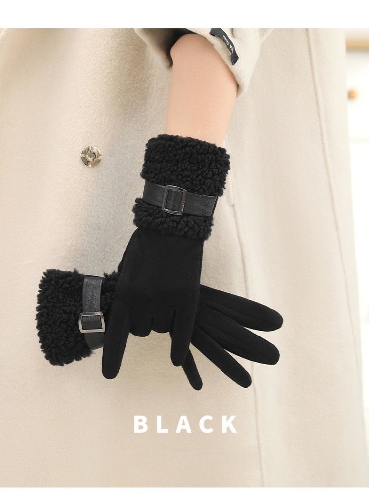 قفازات نسائية شتوية سميكة ودافئة مبطنة بالفرو الحراري للقيادة والأنشطة الخارجية – أسود - Image 1
