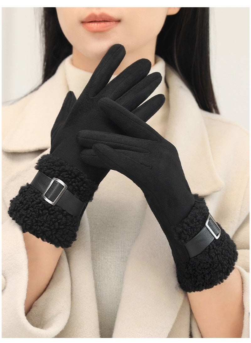 قفازات نسائية شتوية سميكة ودافئة مبطنة بالفرو الحراري للقيادة والأنشطة الخارجية – أسود - Image 2