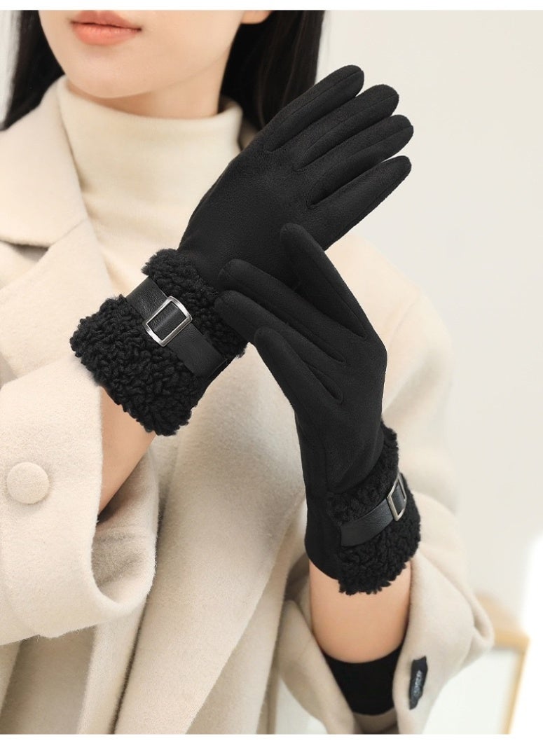 قفازات نسائية شتوية سميكة ودافئة مبطنة بالفرو الحراري للقيادة والأنشطة الخارجية – أسود - Image 3
