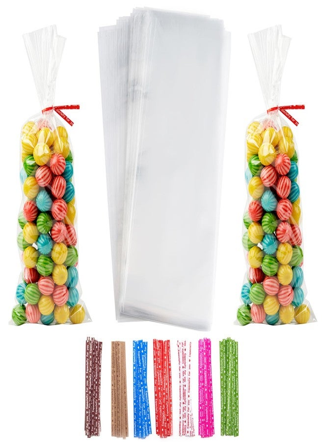 Volanic 100PCS Clear Treat Bags 4X11 Inches OPP Cello Cellophane Flat Bag With Colorful Twist Ties For Wedding Gift Candy Cookie Bakery Dessert Wrap - Image 1