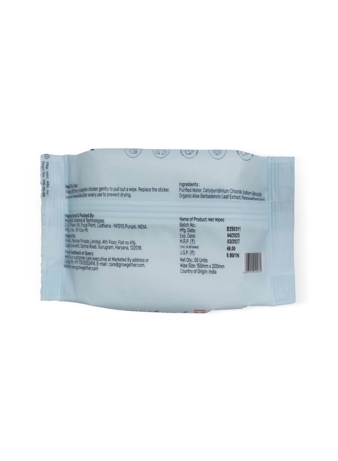 Growgether 99.9% Water Wipes (5 Wipes) Baby Care Travel Combo | Travel Friendly Sample Kit | Gentle Baby Essentials for Parents - Pack of 5 - Image 4