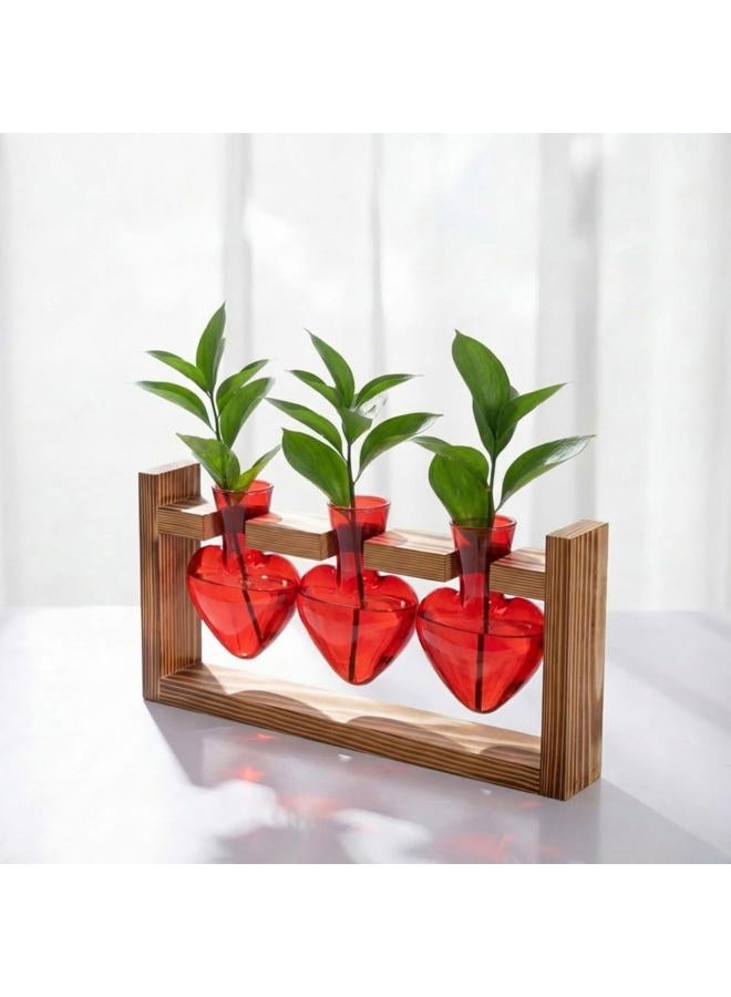 Remerry Valentines Day Plant Terrarium with Wooden Stand Heart Love Bulb Glass Vase Planter Propagation Station Tabletop Planter for Hydroponics Decor Plant Lover Gift (Modern,12.6 x 7.3 x 4.1 Inch) - Image 1