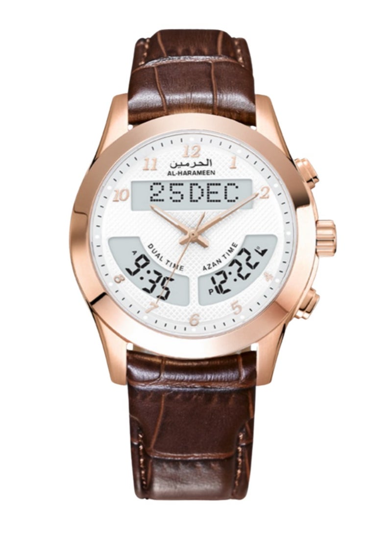 الحرمين ساعة الحرمين HA-6100FRWL الإسلامية ثنائية التوقيت مع أذان - ذهبي وردي مع حزام جلدي بني