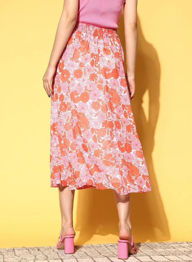 SASSAFRAS Floral Print A-Line Midi Skirt by Styli