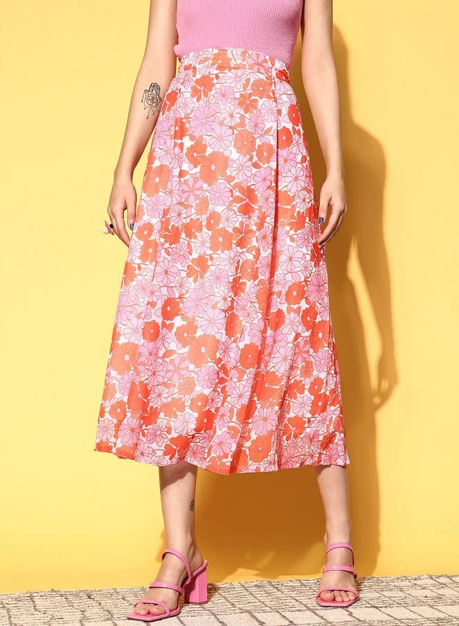 SASSAFRAS Floral Print A-Line Midi Skirt by Styli