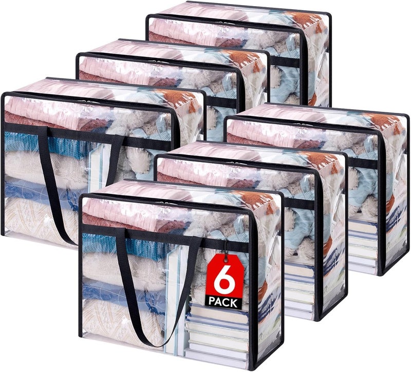 TAKIVA Pack of 6 Clear Transparent Clothes Storage Bags Plastic Blanket Storage Bags Saree Covers with zip Saree Organizer for Wardrobe Transparent Storage Bag for Blenket Clothes comforters - Image 1