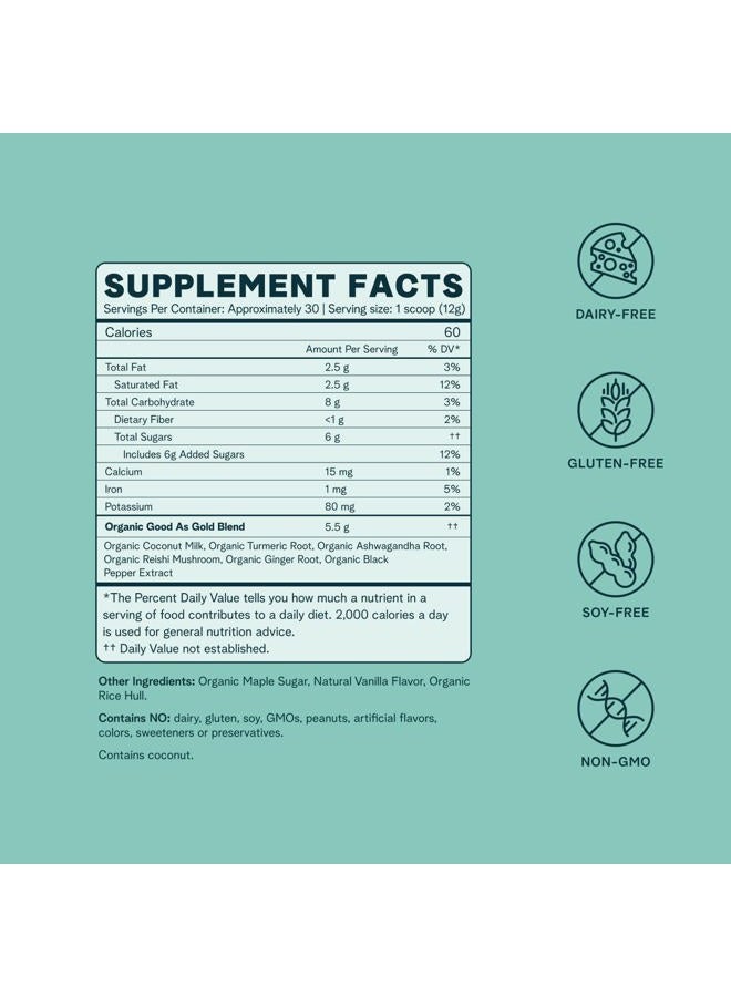 Ora Organic Golden Milk Powder - Ayurvedic Turmeric Powder with Organic Adaptogens - Ashwagandha, Reishi and Ginger | Organic, Gluten-Free, Soy-Free, Vegan, Non-GMO - Maple & Vanilla, 30 Servings - Image 3